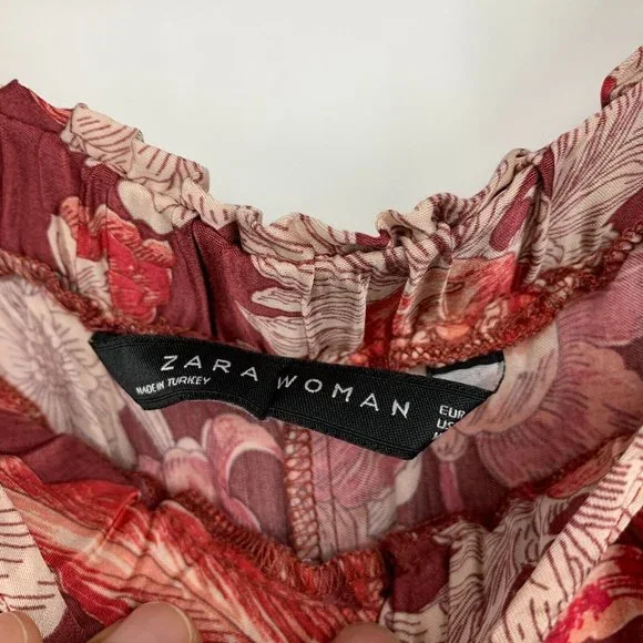 Zara Jogger Pants Floral Print Red Pull On High Rise - Picture 4 of 13